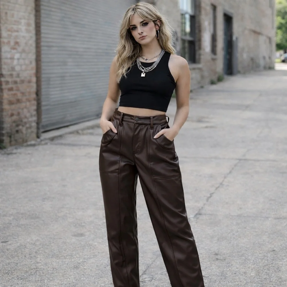 CURRENT AIR VEGAN  BURGUNDY BROWN FAUX LEATHER TROUSERS PANT SIZE XS